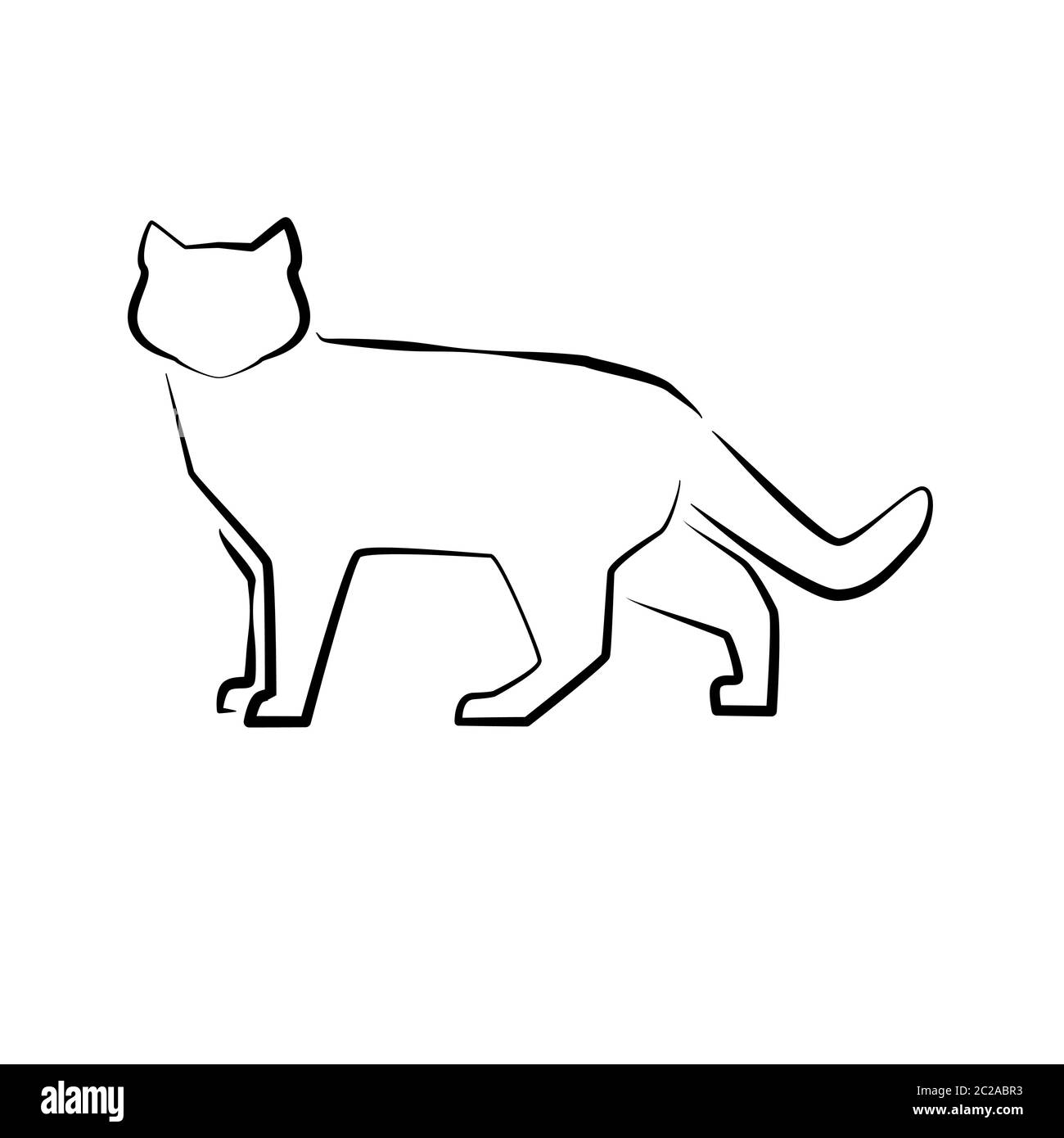 CAT-Symbol. Vektordarstellung. Handgezeichneter Stil. Haustiere. Logo oder Symbol der Katze zu Hause stehend in voller Länge isoliert auf weiß. Stock Vektor