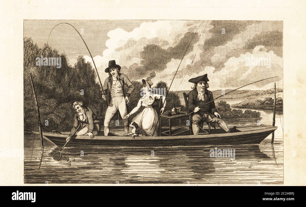 Regency Herren und Dame Angeln auf einem Punt in der Themse. Drei Menschen benutzen Angelruten, während ein Mann ein Netz benutzt, um einen Fisch aus dem Fluss zu holen. Punt Angeln. Kupferstich aus dem Sporting Magazine, oder Monatskalender der Transaktionen des Turf und der Chace, John Wheble, London, 1795. Stockfoto