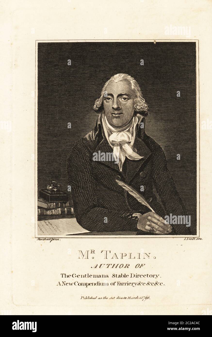 Portrait von William Taplin, Autor des Stallverzeichnisses des Herrn, EIN neues Kompendium der Farrierie, etc. Taplin schrieb über Pferdeveterinärmedizin für die Jagd, Spur und die Straße, 1740-1807. Kupferstich von J. Scott nach einem Gemälde von Benjamin Marshall aus dem Sporting Magazine, oder Monthly Calendar of the Transactions of the Turf and the Chace, John Wheble, London, 1796. Stockfoto