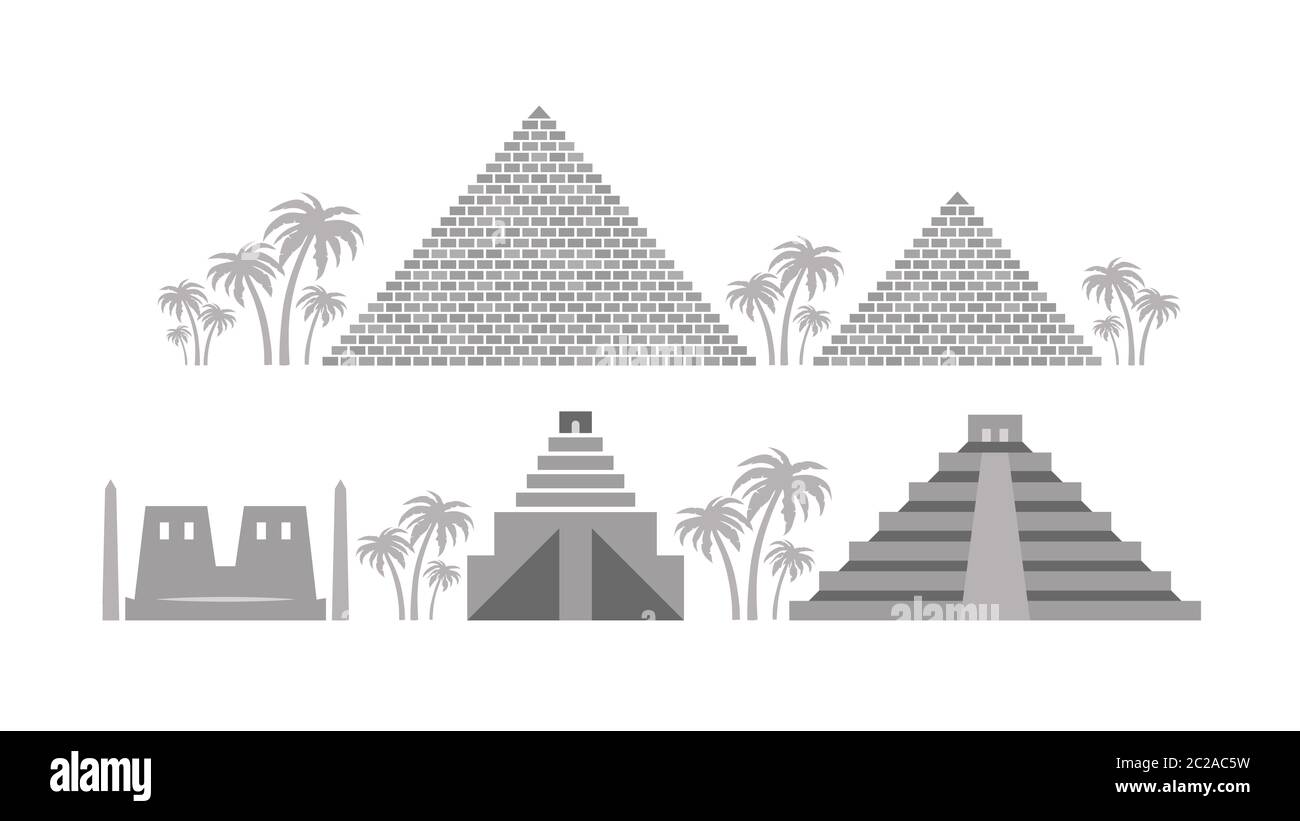 Pyramiden und Tempel des alten Ägypten, Babylon, Maya. Stockfoto