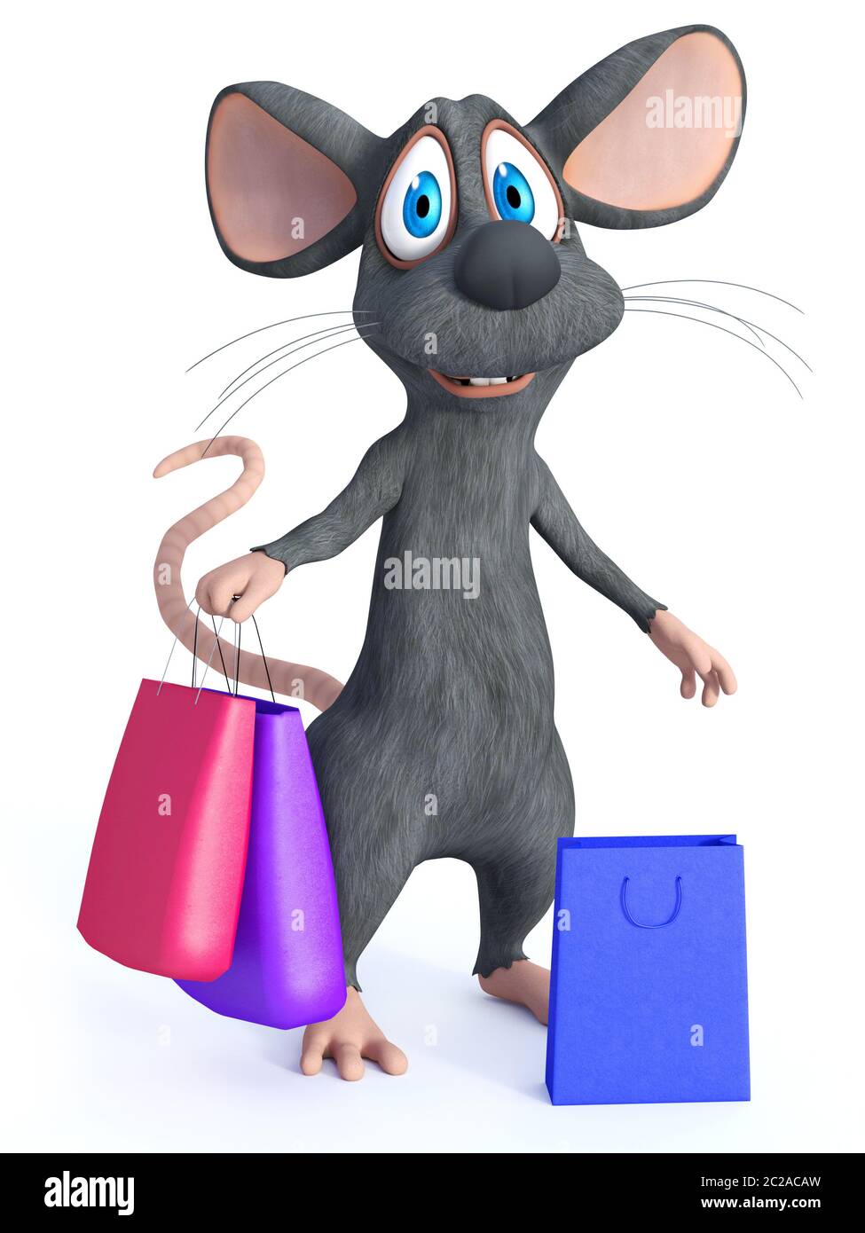 3D-Rendering von einem netten Lächeln cartoon Maus stehend und mit zwei Einkaufstaschen in der Hand. Eine weitere Shopping Bag ist auf dem Boden neben ihm. Whi Stockfoto