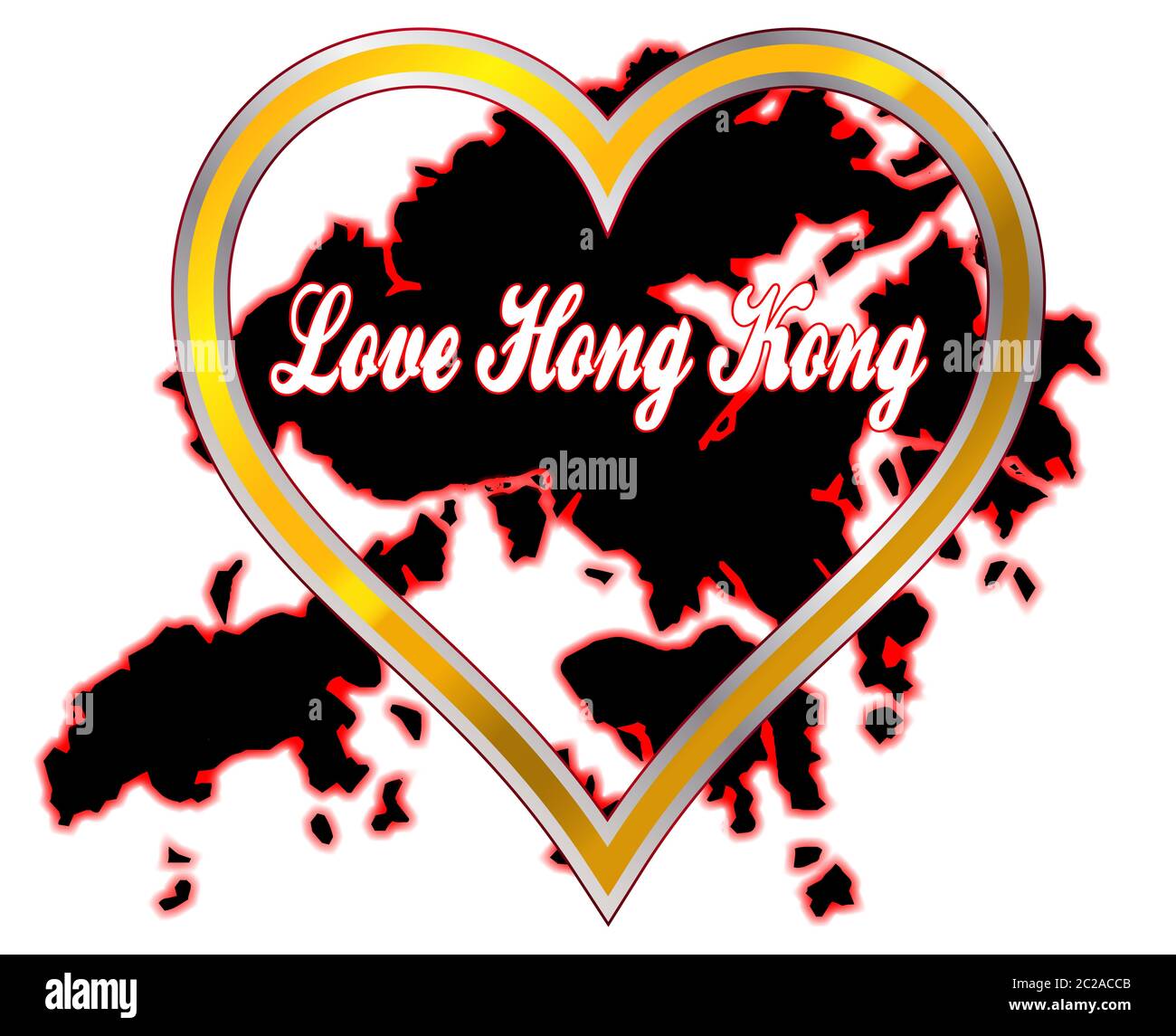 Die Insel Hong Kong mit Herz und Hong Kong Massage über einem weißen Hintergrund Liebe Stockfoto