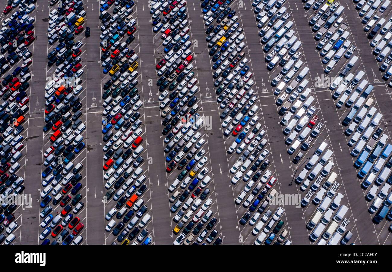 Ein Überblick über neue Autos, die am Royal Portbury Dock in Avonmouth, Bristol geparkt wurden. Stockfoto