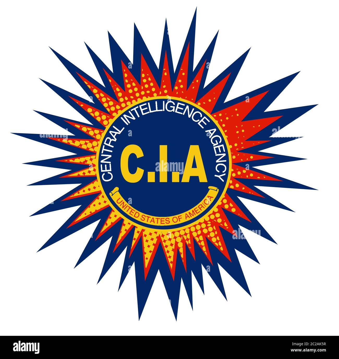 Ein spoof Central Intelligence Agency Abzeichen in der Mitte einer Cartoon Stil explosion Stockfoto