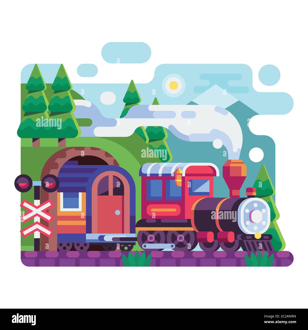 Alte Retro Lokomotive mit Wagon auf Bergen Stock Vektor