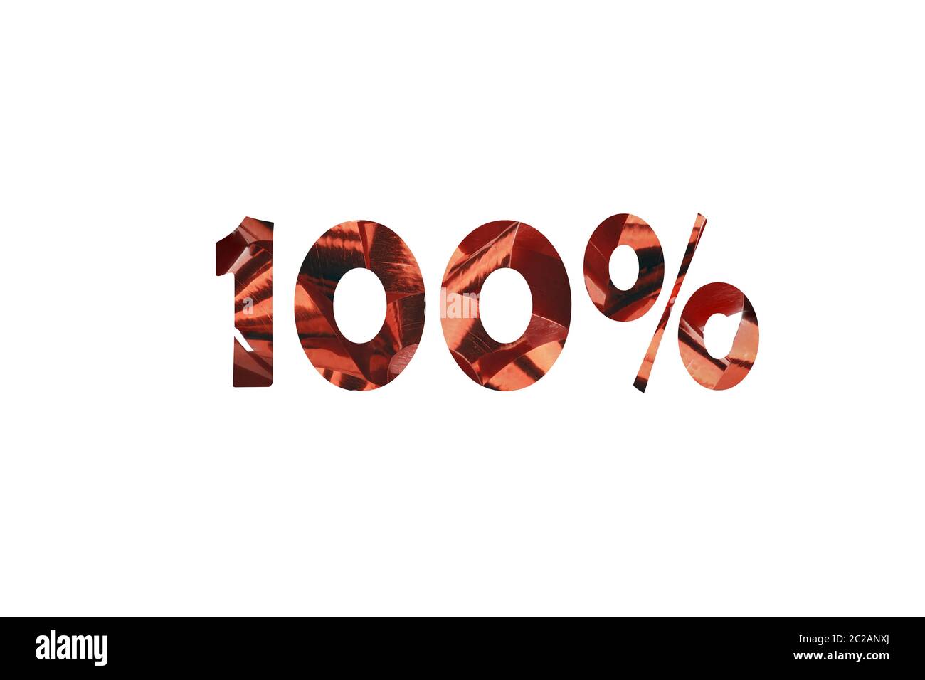 100 Prozent schneiden Sie symbolische Darstellung mit Schriftzug 100 Prozent von Close-up ein rotes Geschenkband Stockfoto