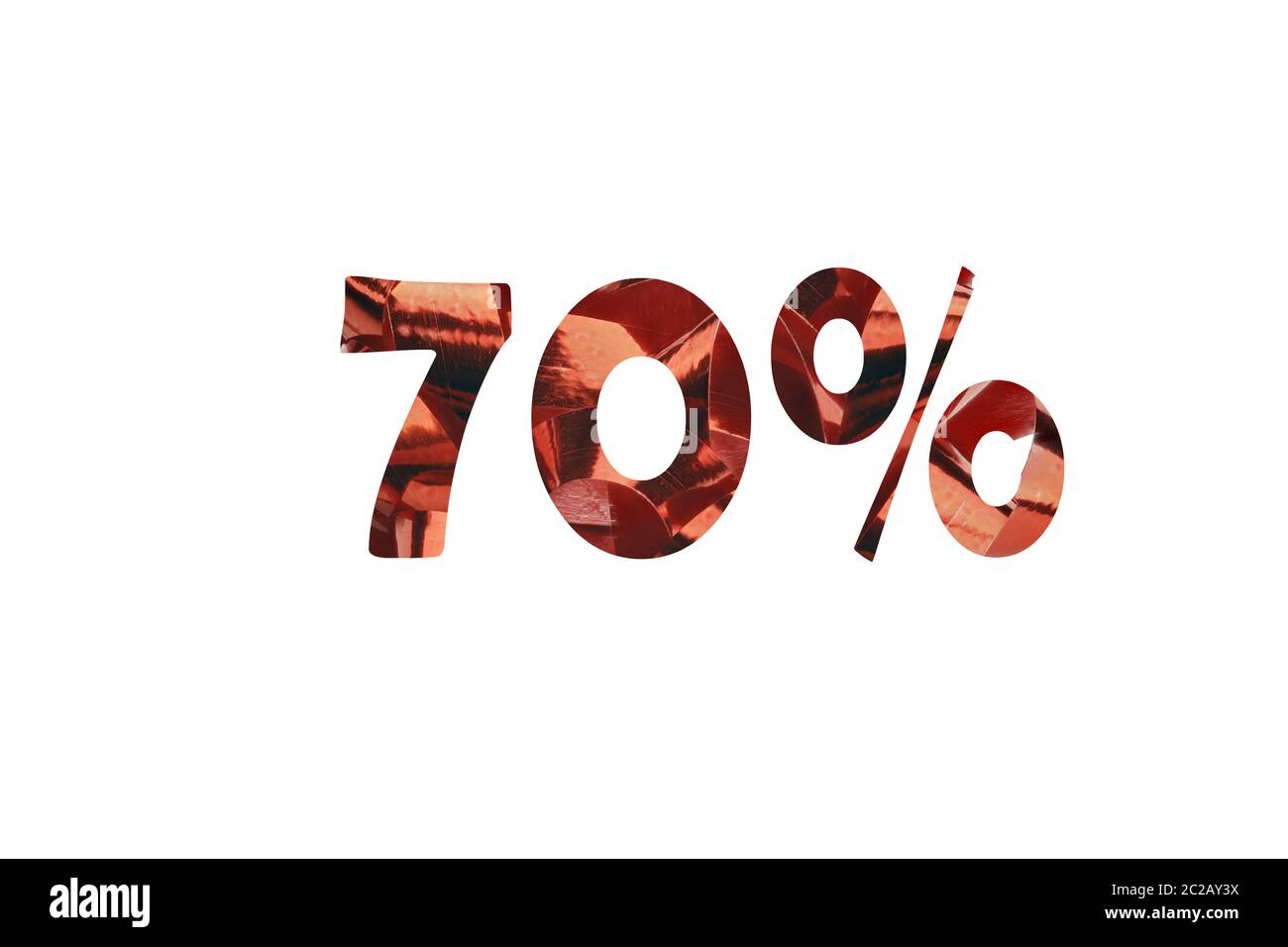 Text 70% Schnitt aus der Nähe zu einer glänzenden rot Geschenk Schleife Stockfoto