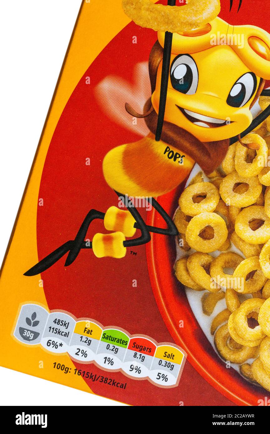 Nährwertangaben Ampelsystem Kennzeichnung mit farbcodiertem System auf  Packung von Kelloggs Honey Loops, Honey Bsss Loops Cerealien  Stockfotografie - Alamy