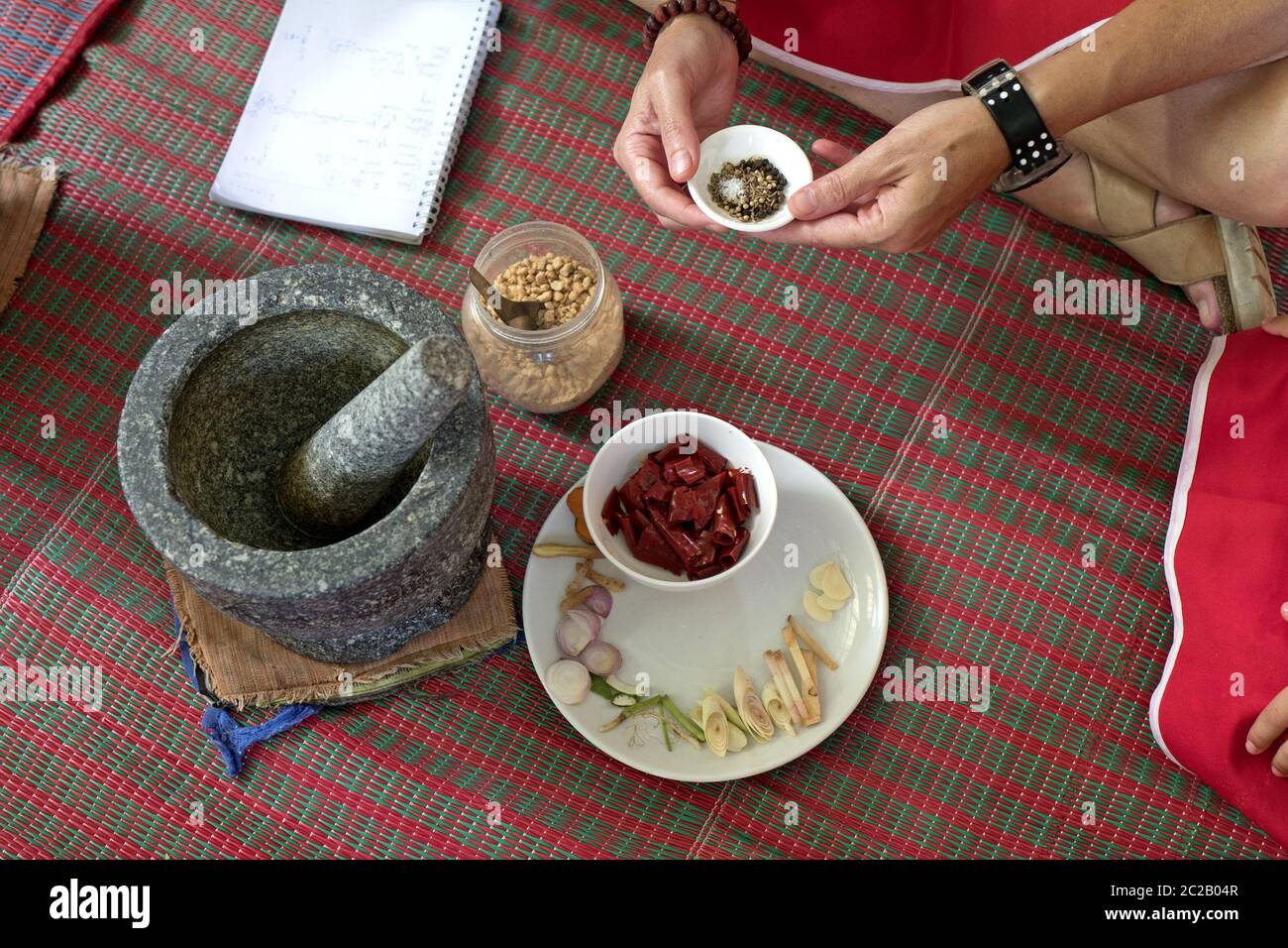Zutaten für die Zubereitung einer Currysauce, während einer thai-Küche, Chang Mai. Stockfoto