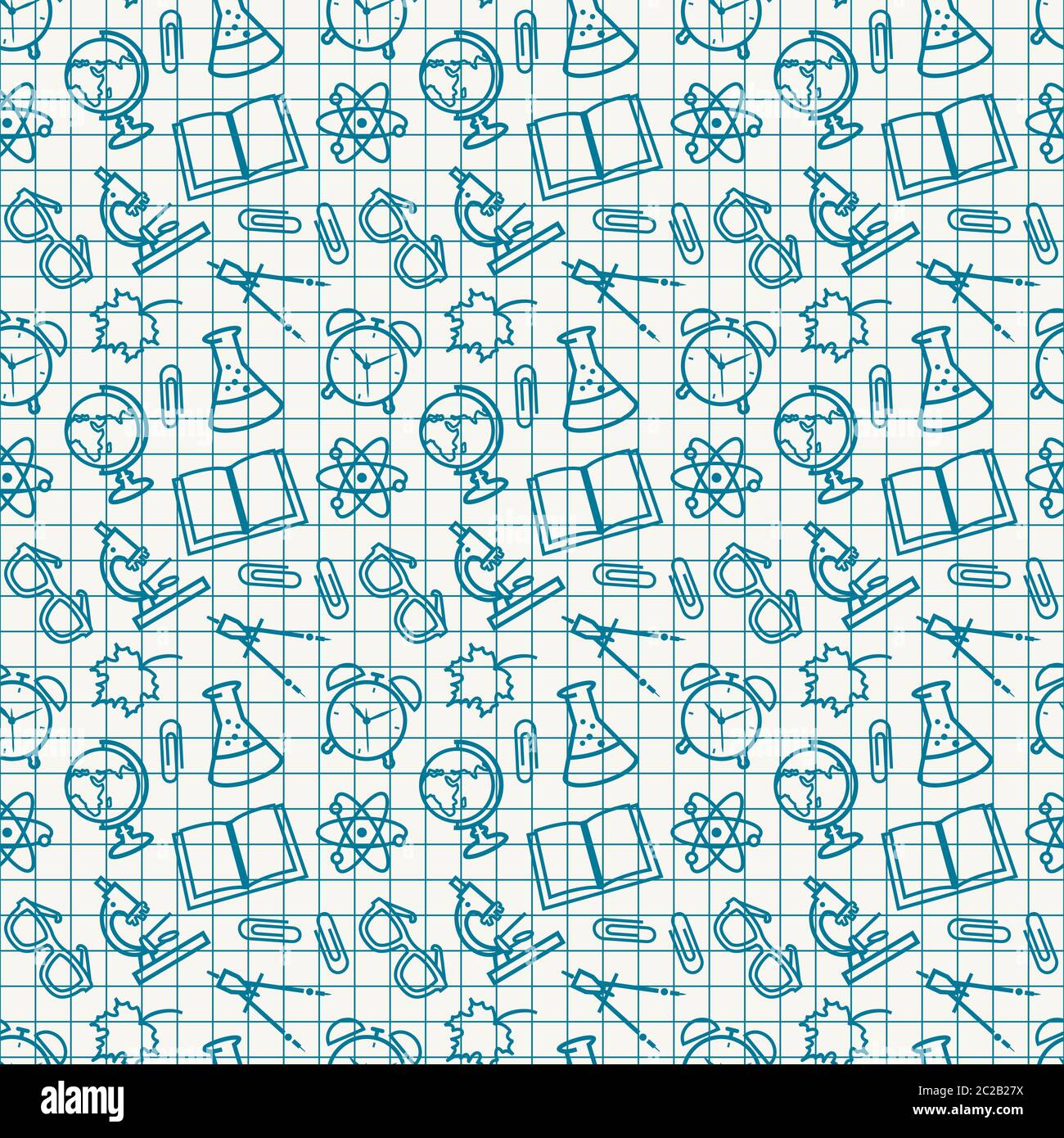 Zurück zur Schule. Bildung nahtlose Muster mit Umriss Schule Symbole in Übung Buch. Vektorhintergrund. Stock Vektor