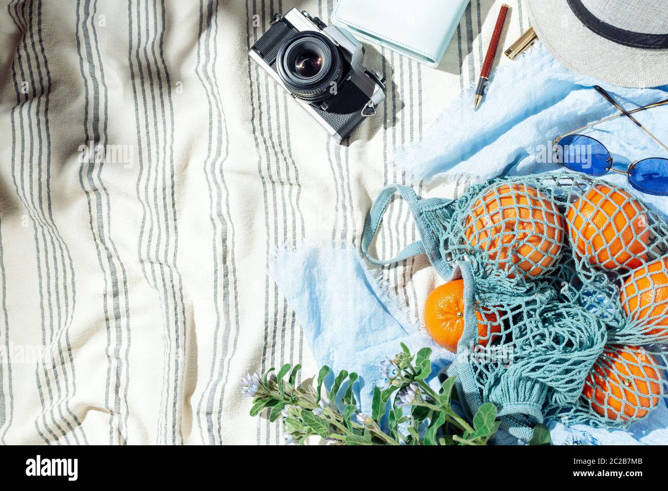 Feminine Sommer Picknick Flatlay, Früchte, Beeren und Filmkamera auf gestreiften Baumwolldecke Stockfoto