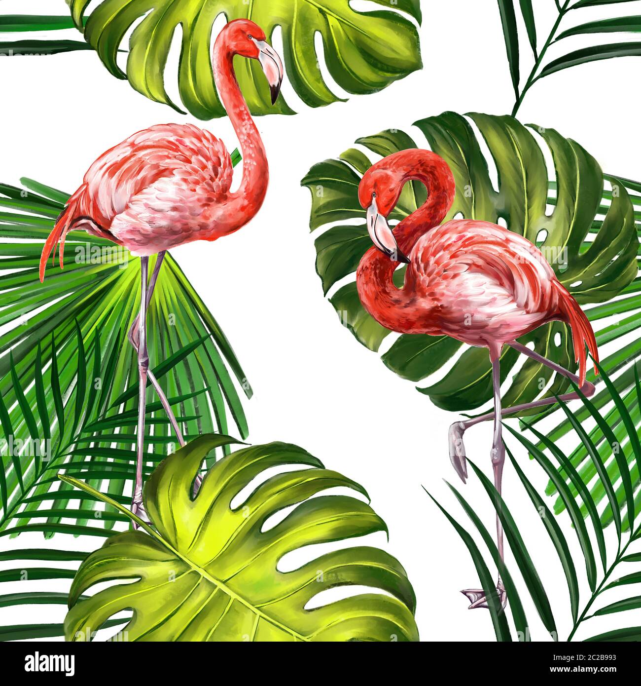 Flamingos mit tropischen Blättern, schöne nahtlose floralen Sommer Muster Hintergrund, Texturen, Textil, Kunst Illustration mit Aquarellen gemalt. Stockfoto