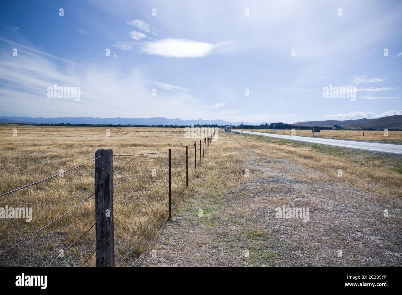Offene Felder in der Nähe von Tekapo, Neuseeland. Stockfoto