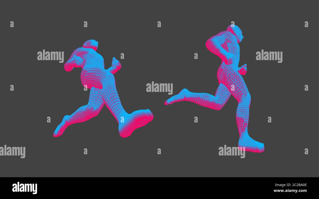 Laufmann oder Marathonläufer. 3D-Modell des menschlichen Körpers. Design für den Sport. Vektorgrafik aus Partikeln zusammengesetzt. Stock Vektor