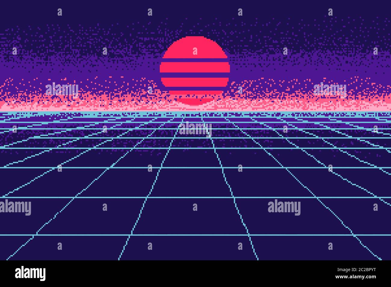 80 s lila Stadt. Pixel Art 8 Bit Objekt. Modeposter. Retro-Spielelemente. Futuristische Videospiele. Vektorgrafik. Stock Vektor