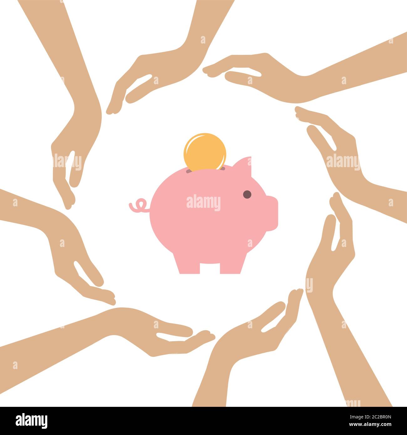 Sparschwein mit Münze in der Mitte der menschlichen Hände Vektor-Illustration EPS10 Stock Vektor