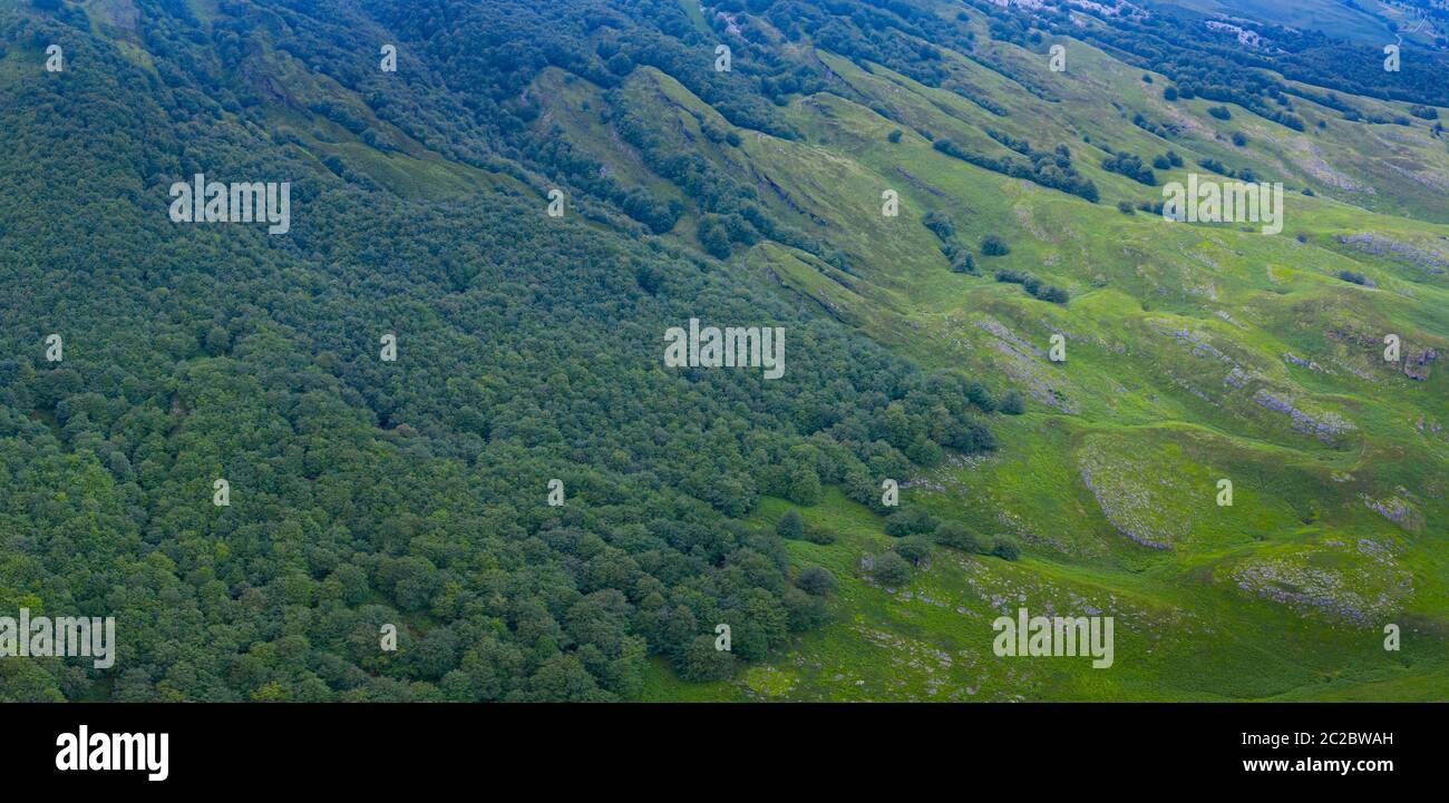 Luftaufnahme mit einer Drohne von der Frühlingslandschaft von paliegas Hütten und Wiesen im Miera Tal in der Autonomen Gemeinschaft Kantabrien. Spanien, Europa Stockfoto