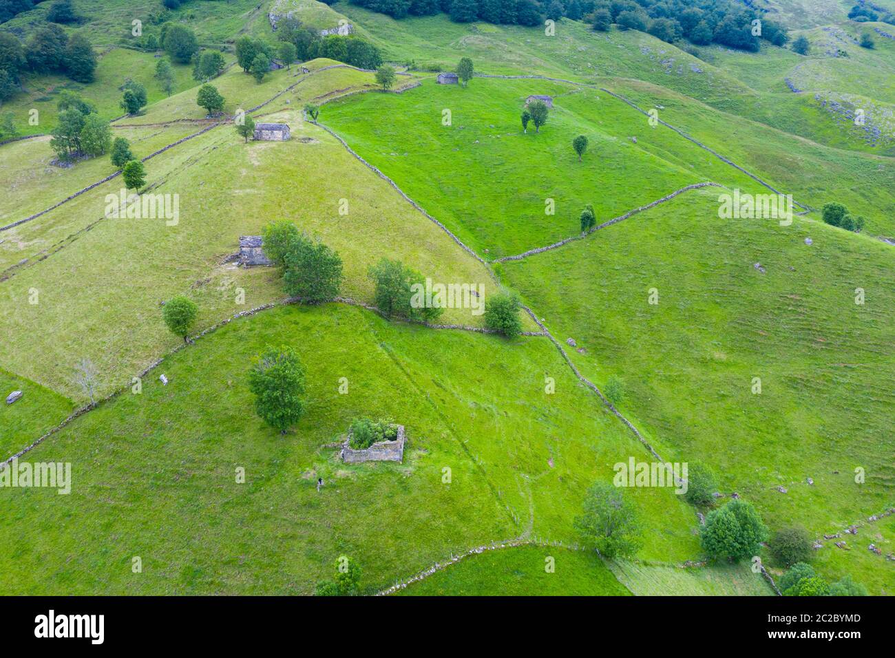 Luftaufnahme mit einer Drohne von der Frühlingslandschaft von paliegas Hütten und Wiesen im Miera Tal in der Autonomen Gemeinschaft Kantabrien. Spanien, Europa Stockfoto