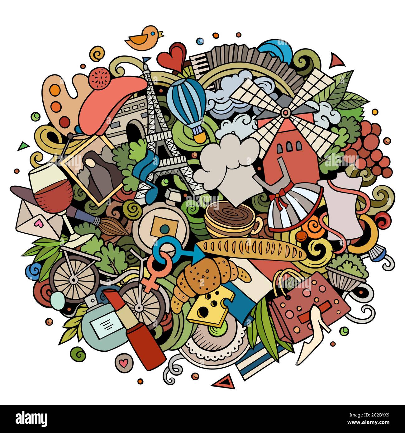 Frankreich handgezeichnete Cartoon-Kritzeleien Illustration. Witziges Reisedesign. Stock Vektor