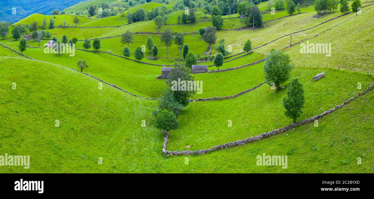 Luftaufnahme mit einer Drohne von der Frühlingslandschaft von paliegas Hütten und Wiesen im Miera Tal in der Autonomen Gemeinschaft Kantabrien. Spanien, Europa Stockfoto