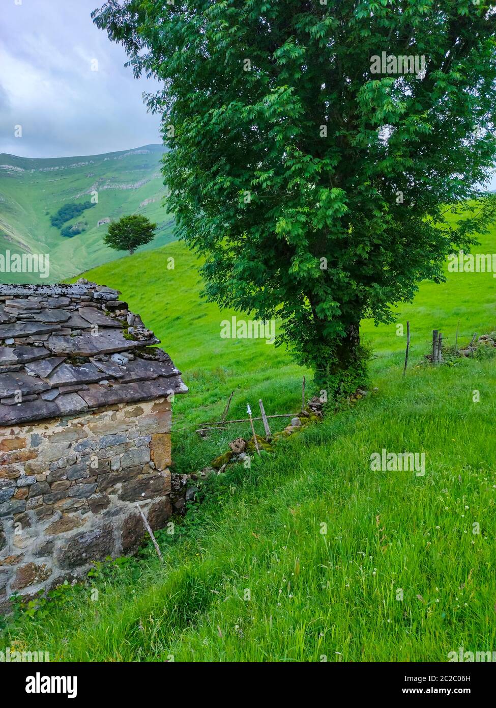 Frühlingslandschaft von pasiegas Hütten und Wiesen im Miera Tal in der Autonomen Gemeinschaft Kantabrien. Spanien, Europa Stockfoto