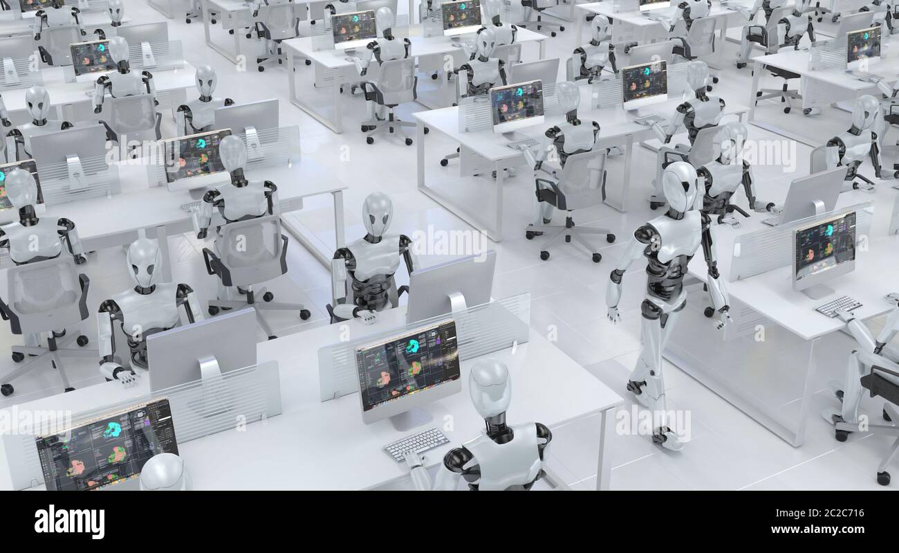 Viele identische Klonroboter arbeiten im Büro, sitzen an Schreibtischen mit Computern. Zukunftskonzept ohne Menschen mit intelligenter Robotik und künstlicher intel Stockfoto