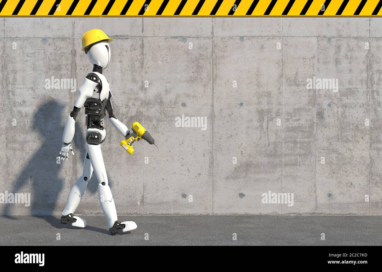 Ein humanoider Roboterbauer in einem Bauhelm und ein Bohrer in der Hand geht an einer Betonwand entlang. Zukunftskonzept mit Robotik und Artificial in Stockfoto