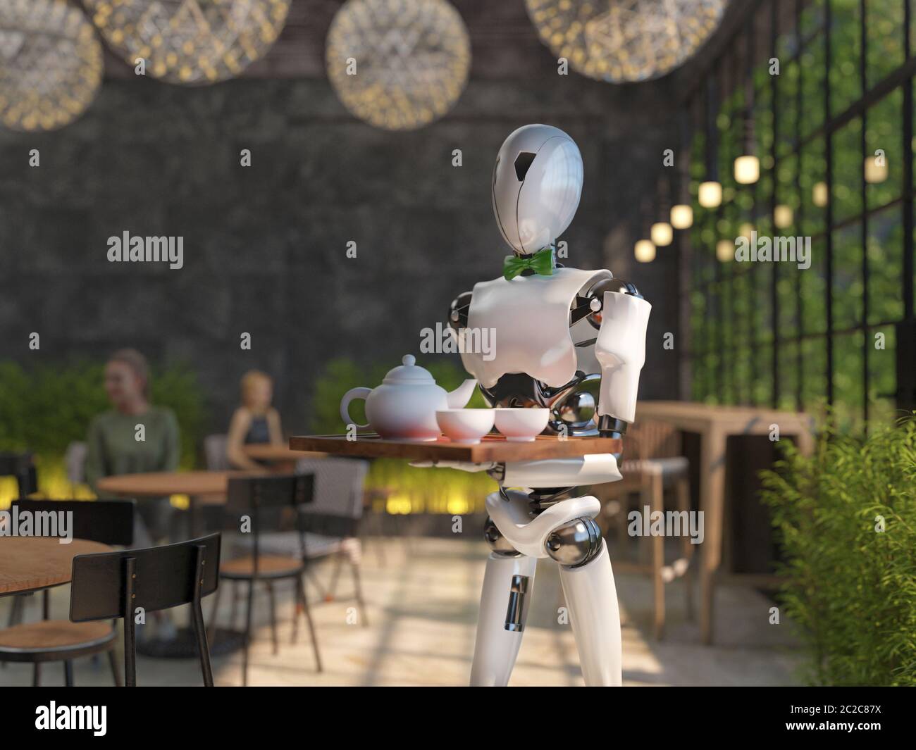Ein humanoider Roboter-Kellner trägt ein Tablett mit Speisen und Getränken in einem Restaurant. Künstliche Intelligenz ersetzt das Wartungspersonal. Das Konzept des Futu Stockfoto