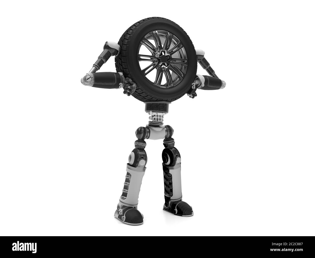 Ein Roboter mit eisernen Armen, Beinen und einem Autorad statt einem Kopf ist auf weißem Hintergrund isoliert. Mock up für die Werbung Auto-Service oder Auto-Wartung Stockfoto