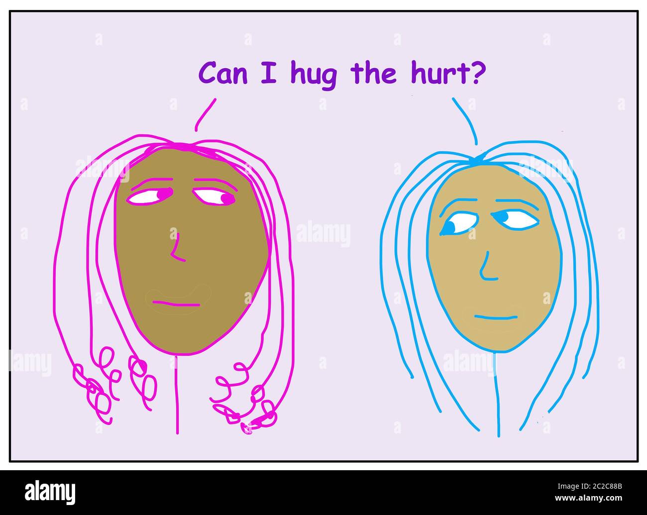 Farbe Cartoon von zwei schönen, afroamerikanischen Frauen fragen kann ich umarmen die verletzt? Stockfoto