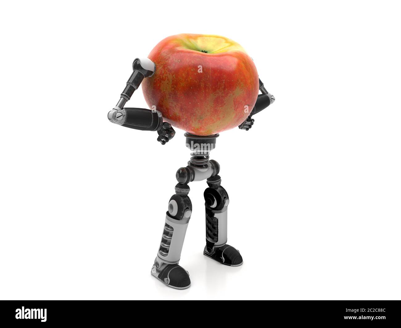Ein Apfel mit eisernen Armen und Beinen. Der Roboter ist auf weißem Hintergrund isoliert. Konzeptuelles kreatives Bild mit Kopierbereich. 3D-Rendering Stockfoto