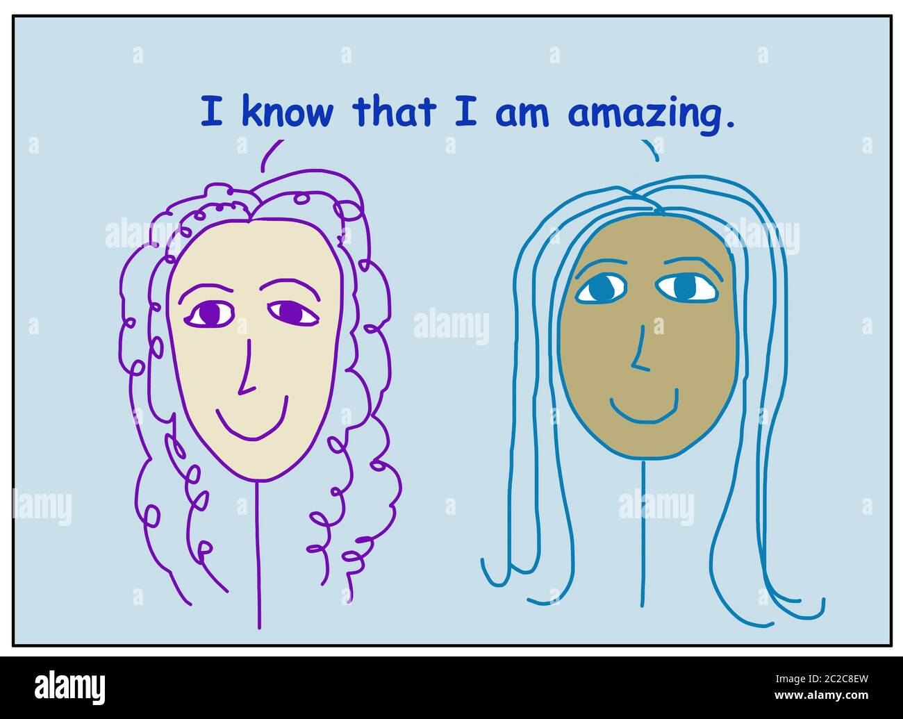 Farb-Cartoon von zwei schönen, lächelnden und ethnisch verschiedenen Frauen besagt, dass ich weiß, dass ich erstaunlich bin. Stockfoto