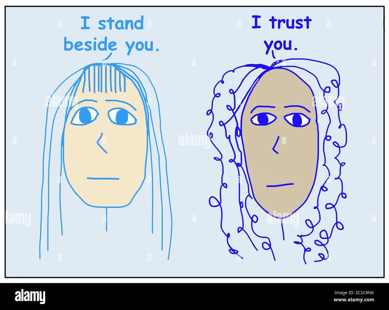 Farbige Karikatur von zwei ethnisch verschiedenen Frauen reden und sagen, ich stehe neben Ihnen und ich vertraue Ihnen. Stockfoto