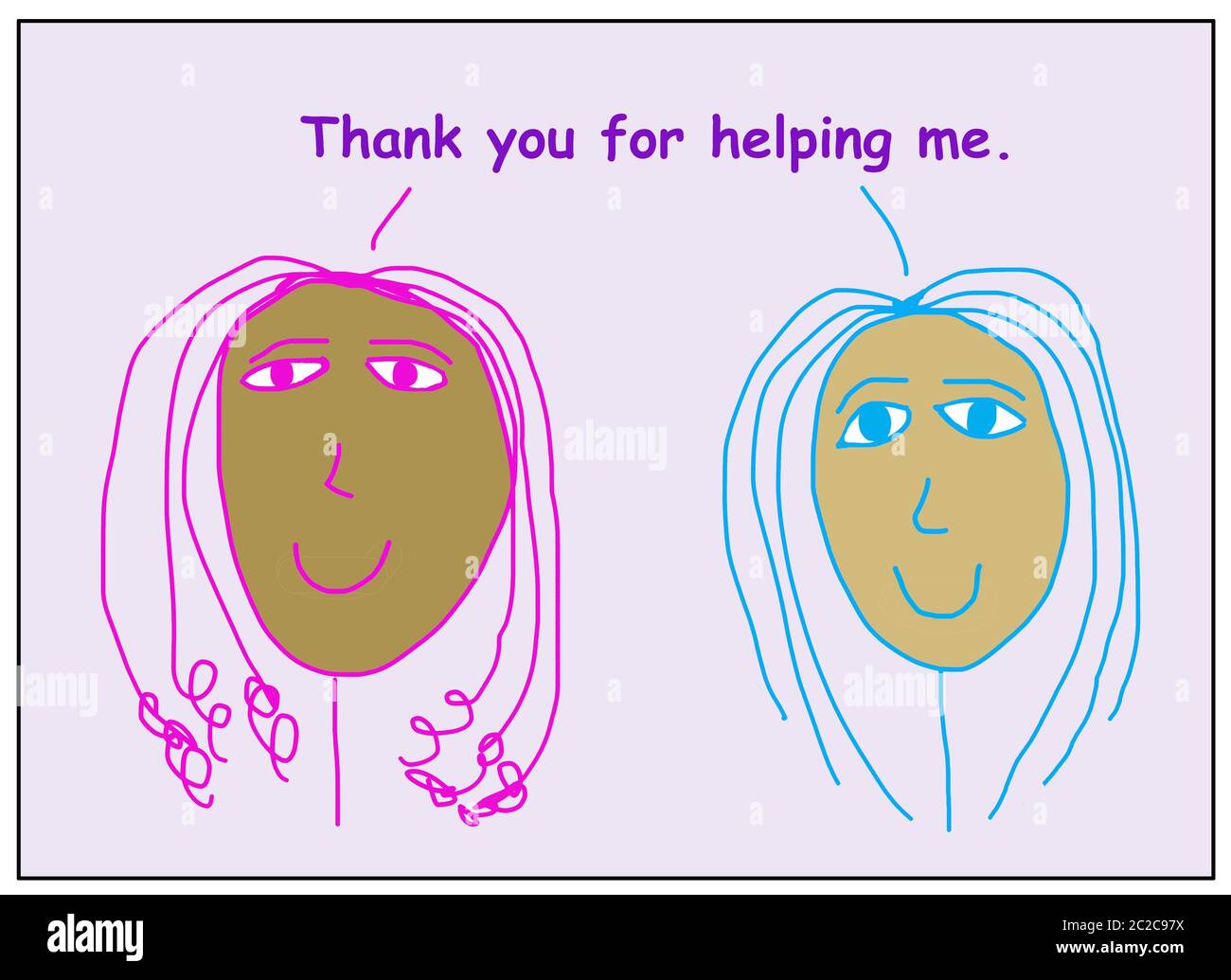Farb-Cartoon von zwei lächelnden, schönen, afroamerikanischen Frauen, die danke für die Hilfe. Stockfoto