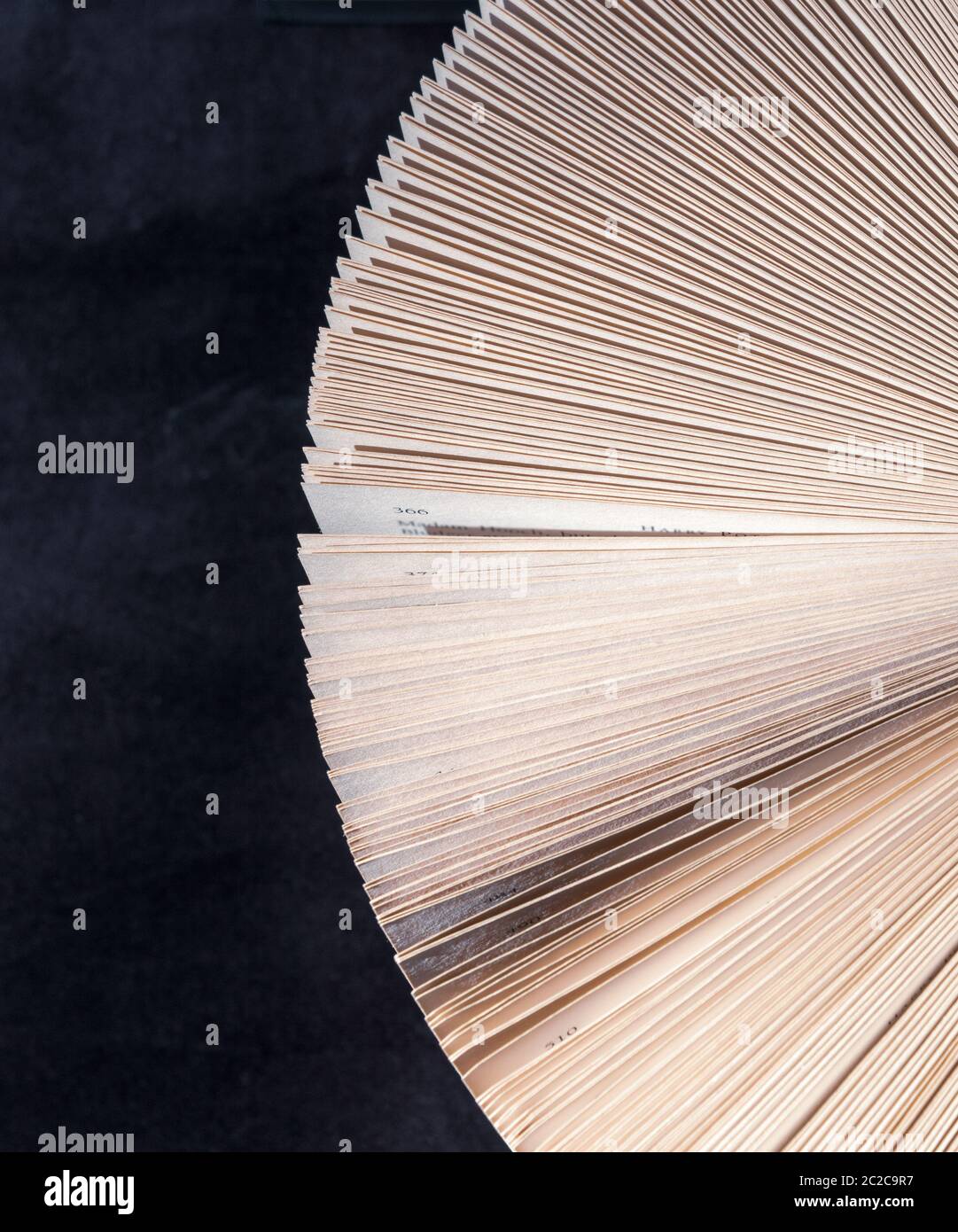 Nahaufnahme eines offenen Buches, das in kühlem Licht aufgeht Stockfoto