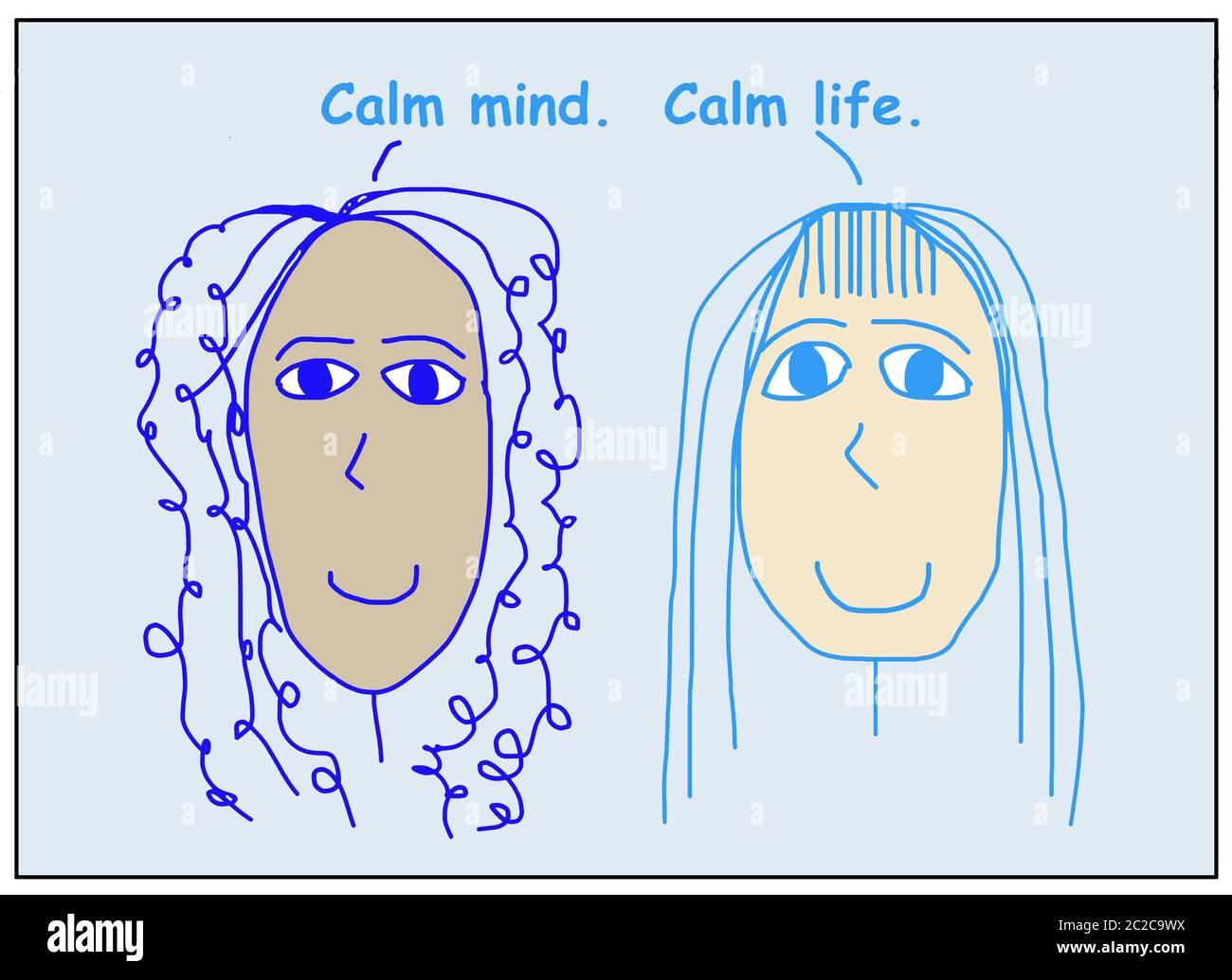 Farb-Cartoon von zwei schönen, lächelnden, ethnisch verschiedenen Frauen, die Ruhe Geist, ruhiges Leben. Stockfoto
