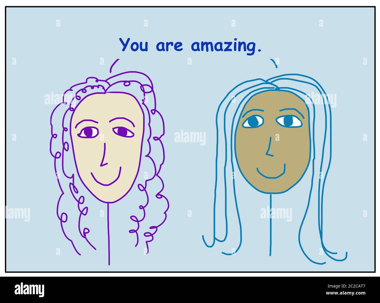 Farb-Cartoon von zwei lächelnden, schönen, ethnisch verschiedenen Frauen, die Sie sind erstaunlich. Stockfoto