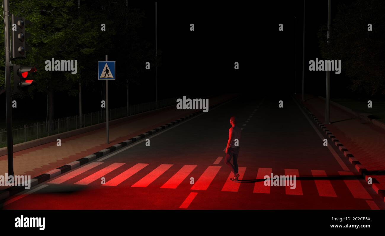 Ein Fußgänger überquert die Straße auf einer unbeleuchteten Straße in der Nacht an einer roten Ampel. Ein Mann verletzt die Regeln der Straße und schafft einen Notfall auf der Stockfoto