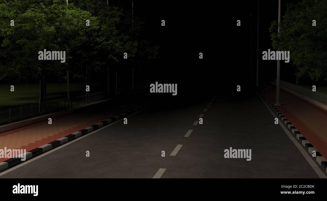 Dunkle leere Autobahn in der Nachtstadt. Schlechte Sicht auf der Straße. Unbeleuchtete Straße ohne Menschen und Autos. Verkehr in beide Richtungen. 3D-Rendering Stockfoto