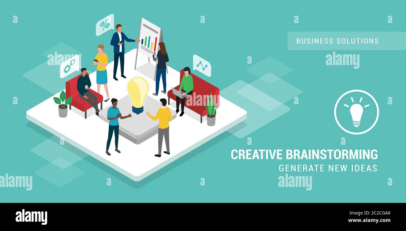 Kreative Geschäftsleute treffen und finden neue Ideen zusammen, sie diskutieren Geschäftsstrategien und verbinden sich online Stock Vektor