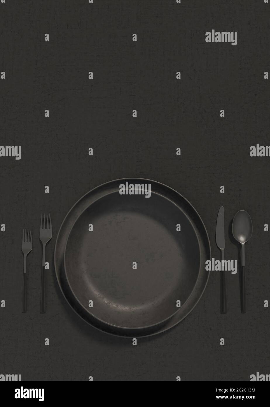 Leeren Sie schwarzen Teller und Besteck auf einem schwarzen Tisch. Monochrome vertikale Abbildung eines Tisches, der auf einer Draufsicht dient. Speicherplatz kopieren. 3D-Rendering Stockfoto