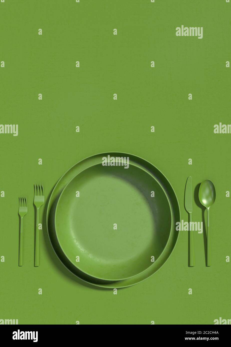 Leeren Sie grünen Teller und Besteck auf einem grünen Tisch. Monochrome vertikale Abbildung eines Tisches, der auf einer Draufsicht dient. Speicherplatz kopieren. 3D-Rendering Stockfoto
