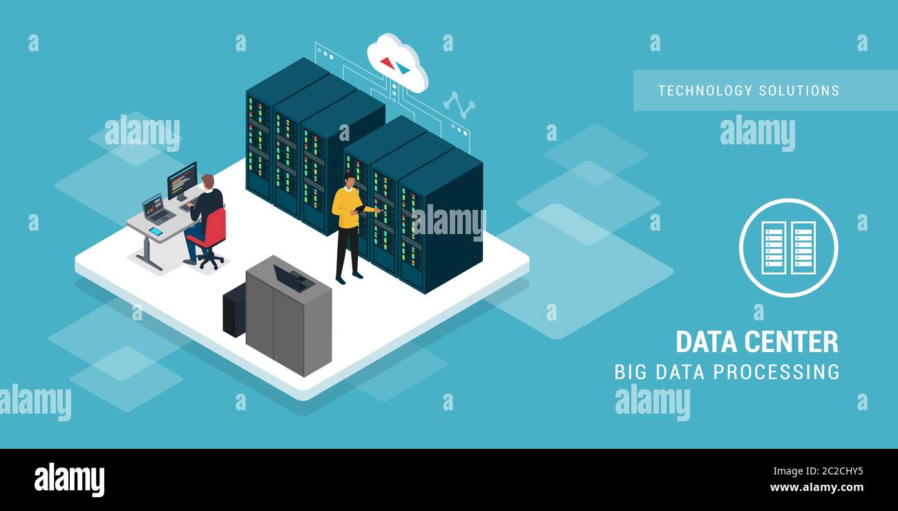 Professionelle Ingenieure, die im Rechenzentrum arbeiten, überwachen und verwalten Server, Netzwerke und Big Data Konzept Stock Vektor