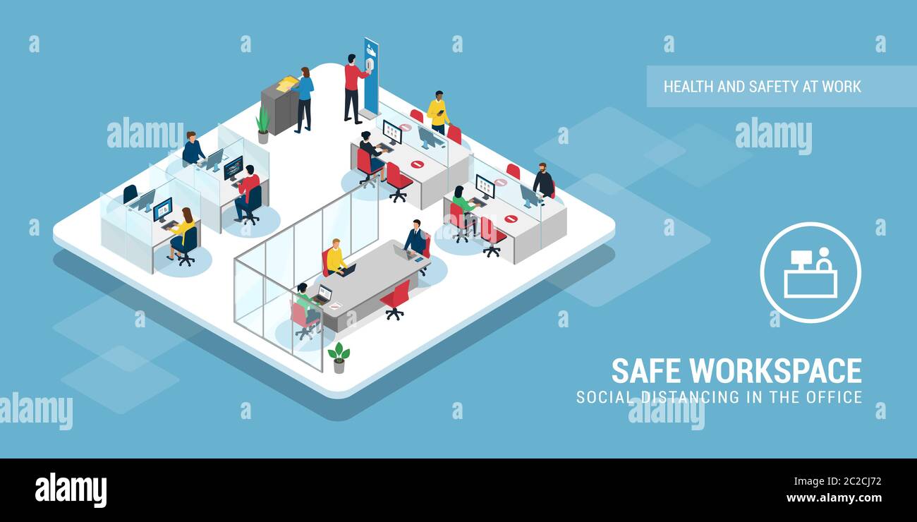 Soziale Distanzierung und Coronavirus-Prävention im Büro, Menschen zusammenarbeiten, um einen sicheren Abstand zu halten Stock Vektor
