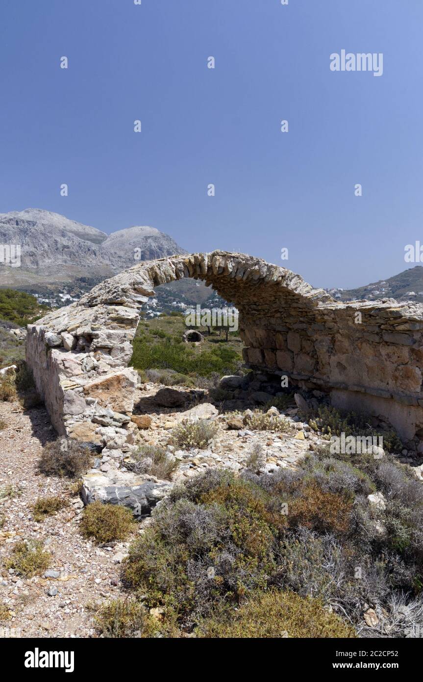 Frühchristliche Nekropole grabkunst Kapellen, die Insel Telendos, Kalymnos, Dodekanes, Griechenland. Stockfoto