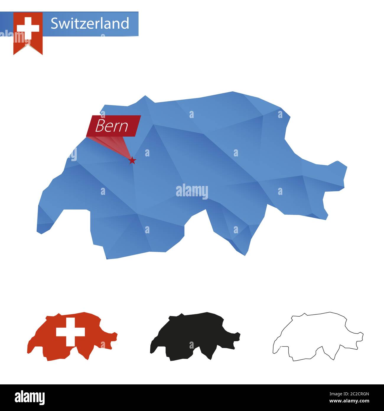 Schweiz blau Low Poly Karte mit Hauptstadt Bern, Versionen mit Flagge,  schwarz und Umriss. Vektorgrafik Stock-Vektorgrafik - Alamy