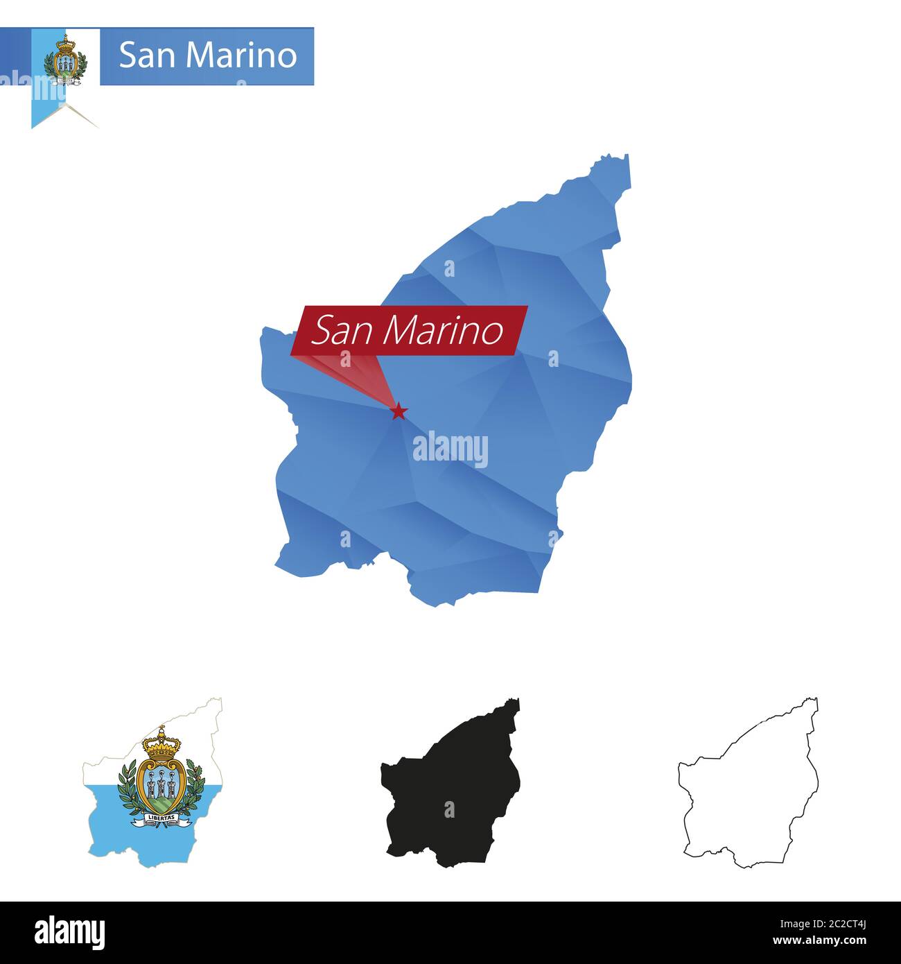 San Marino blau Low Poly Karte mit Hauptstadt San Marino, Versionen mit Flagge, schwarz und Umriss. Vektorgrafik. Stock Vektor