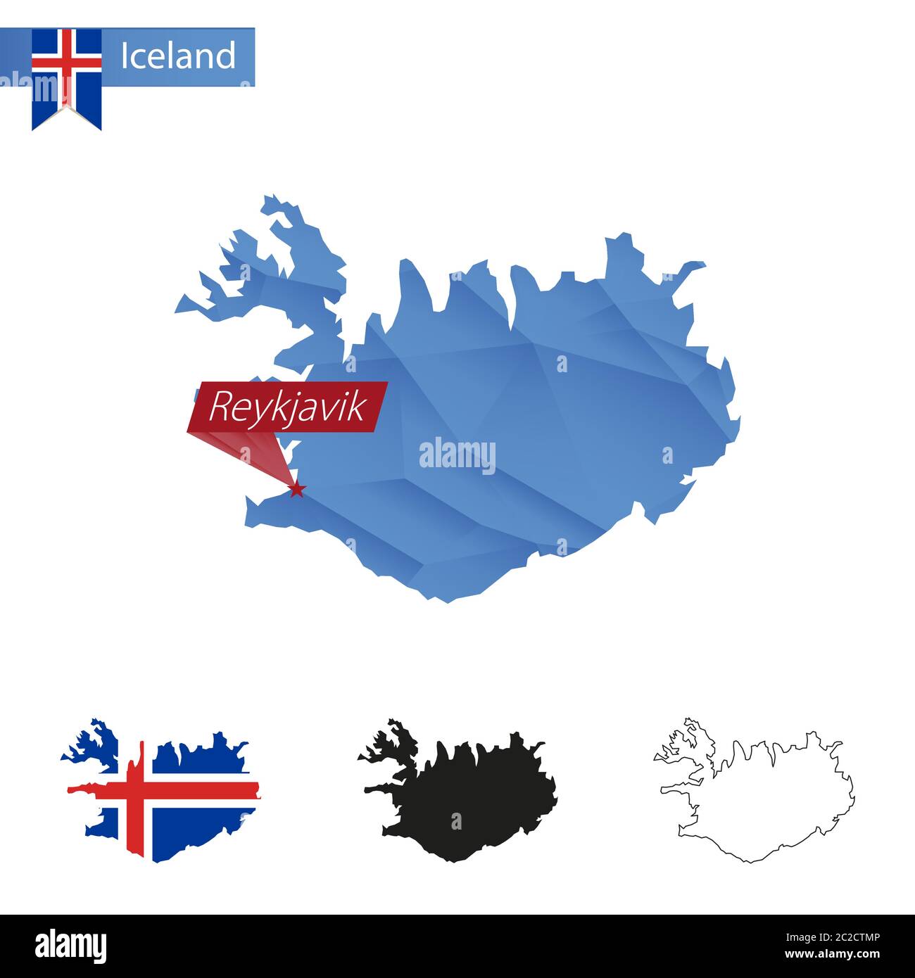Island Blue Low Poly Karte mit Hauptstadt Reykjavik, Versionen mit Flagge, schwarz und Umriss. Vektorgrafik. Stock Vektor