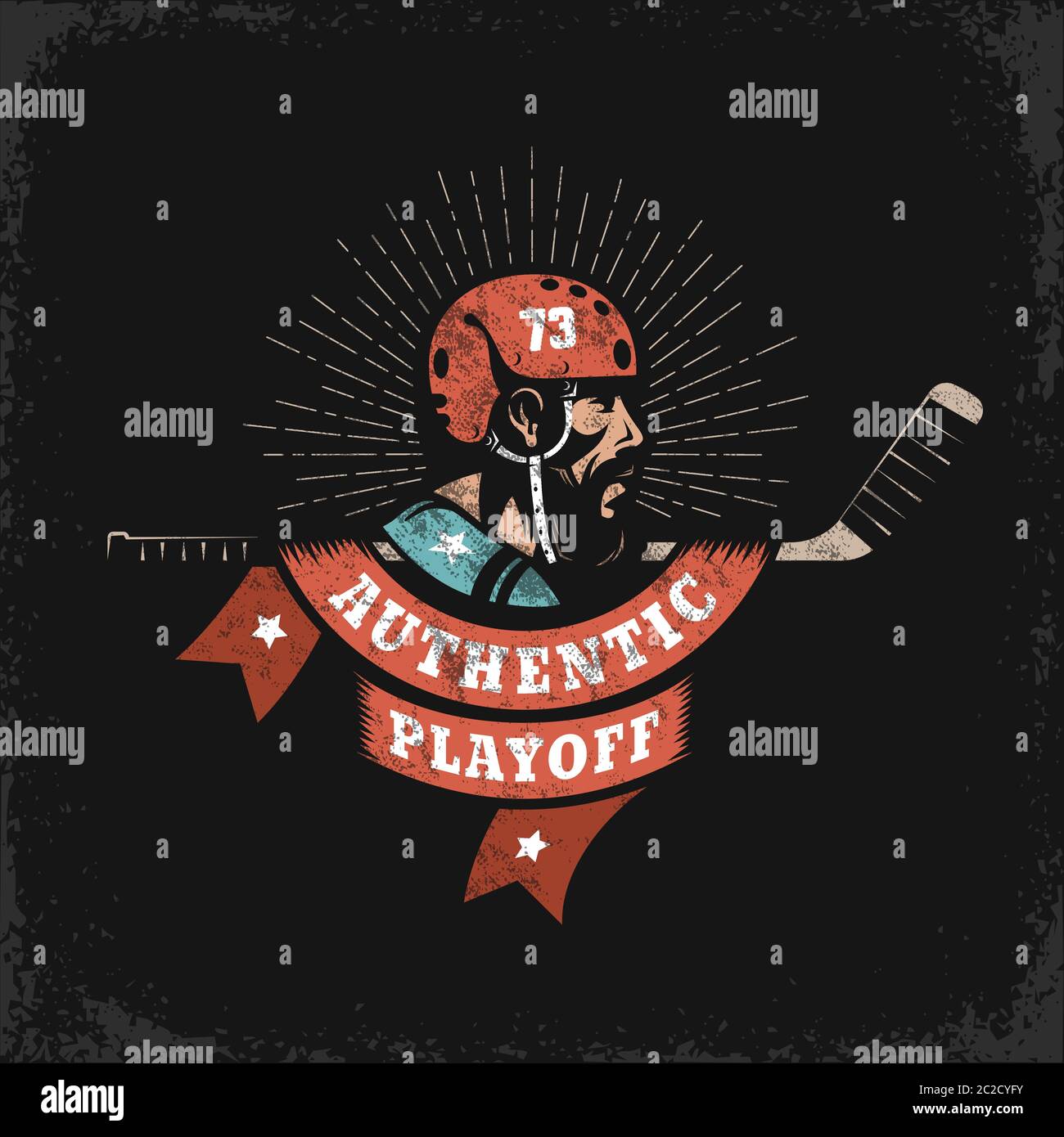 Hockey Grunge Logo mit Spieler, Stick und heraldic Band Stock Vektor