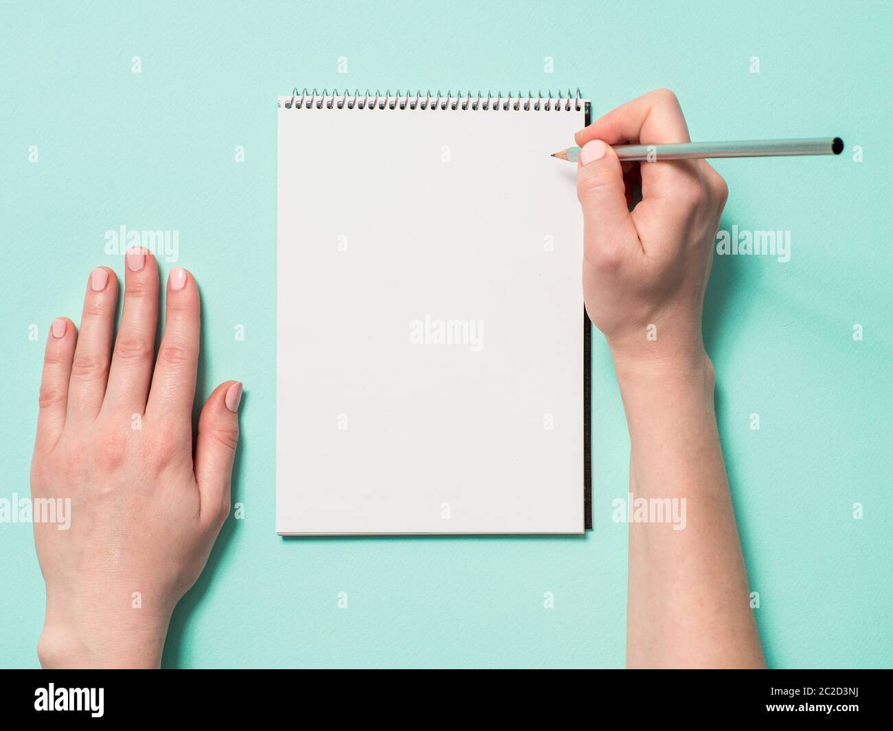 Leeres Papier Notizbuch und weibliche Hände mit Bleistift Stockfoto